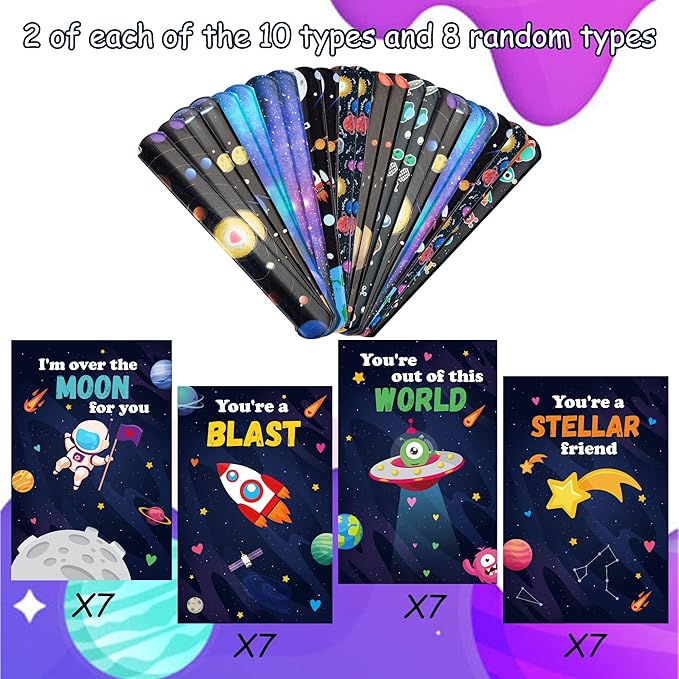 ANGOLIO 28Pcs Outer Space Theme Slap Bracelets with 28Pcs Valentine's Day Greeting Cards, Astronauts Planets Solar System Party Decoration Supplies Valentine Classroom Exchange Gift for Kids