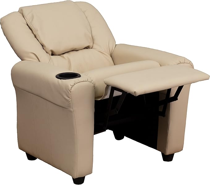 Flash Furniture Vana Vinyl Kids Recliner with Cup Holder, Headrest, and Safety Recline, Contemporary Reclining Chair for Kids, Supports up to 90 lbs., Beige