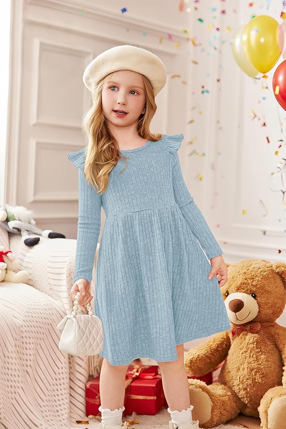 Arshiner Toddler Girl Dress Baby Girls Knitted Ruffle Sleeve Pocket Dresses A-Line Flared Fall Winter Clothes for 2-8 Years