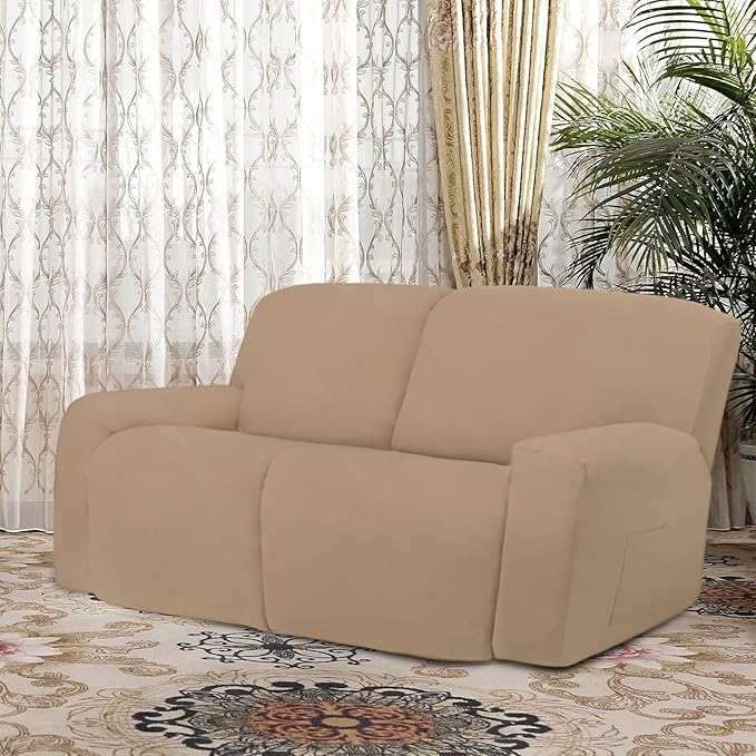 Easy-Going Oversized 6 Pieces Microfiber Stretch Sectional Recliner Loveseat Sofa Slipcover Soft Fitted Fleece 2 Seats Couch Cover Washable Furniture Protector with Elasticity for Kids Pet Camel