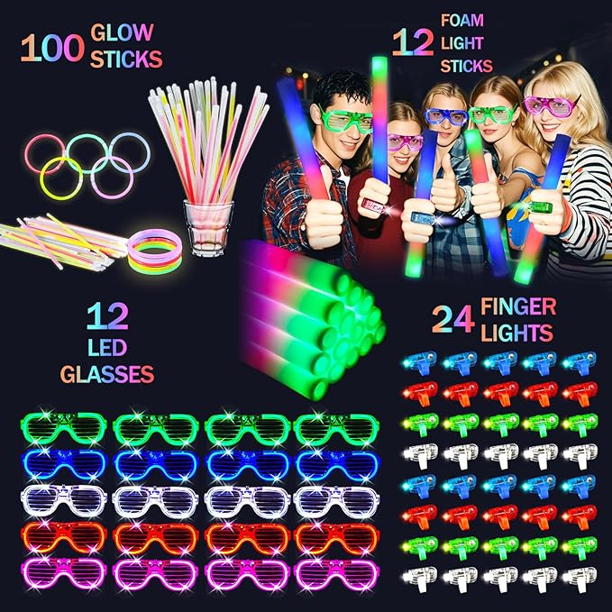 280 PCS Glow in the Dark Party Supplies 20 PCS Foam Glow Sticks 20 PCS LED Glasses 40 PCS Finger Lights 200 PCS Glow Sticks Bracelets Neon Glow Party Favors Christmas Wedding Birthday Concert New Year
