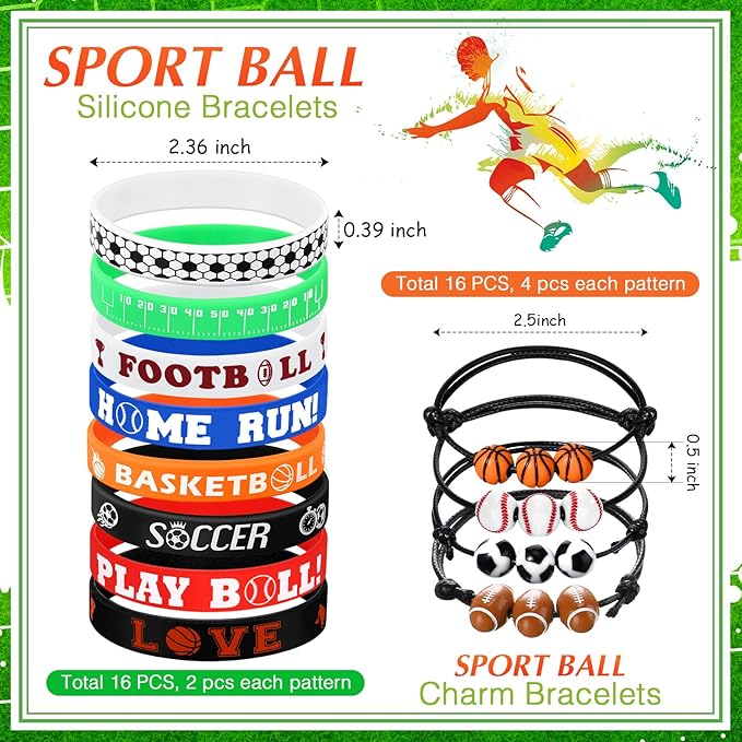 144 Pcs Sport Party Favors, Baseball Basketball Soccer Football Goodie Bag Fillers, Mini Stress Ball Stickers Whistle Keychain Charm Bracelet Wristbands Erasers for Sport Party Supplies(Sport)