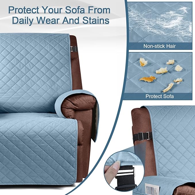 KinCam 100% Waterproof Recliner Chair Cover, Reclining Couch Covers for Pets, Dogs, Recliner Couch Slipcover Furniture Protector with Elastic Straps for Kids(28", Light Blue)
