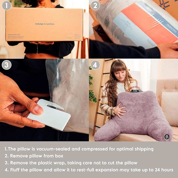 Nestl Fur Reading Pillow, Stylish Back Pillow for Bed Sitting Up, Faux Fur Bed Chair Pillow with Arms, Reading Pillows for Sitting in Bed Adult & Kids, Back Support Pillow for Bed Rest - Dusty Purple