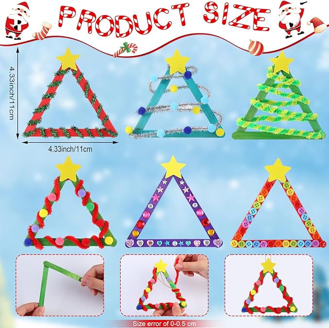 30 Sets Christmas Craft Kits for Kids DIY Stick Christmas Tree Ornaments Decoration Craft Stick Hairball Button Christmas Tree Sticker for Kids Holiday Classroom Activities Party Favors