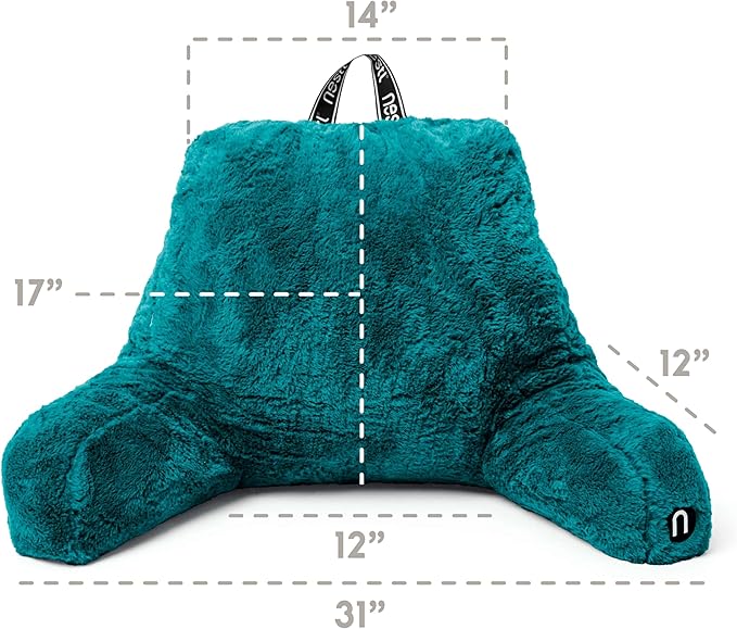 Nestl Fur Reading Pillow, Stylish Back Pillow for Bed Sitting Up, Faux Fur Bed Chair Pillow with Arms, Reading Pillows for Sitting in Bed Adult & Kids, Sit Up Back Support Pillow for Bed Rest - Teal