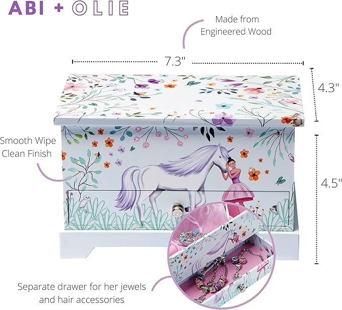 ABI + OLIE Jewelry Box for Girls & Little Girls Jewelry Box - Unicorn Kids Jewelry Box - Girls Music Box - Musical Girls Jewelry Box Organizer