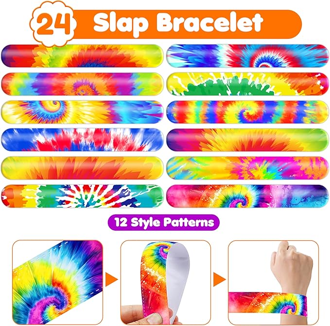 48PCS Tie Dye Party Favors - 24PCS Tattoos & 24PCS Slap Bracelets - Tie-Dye Birthday Supplies, Baby Shower Decorations, Classroom Prizes, Gifts for Boys & Girls
