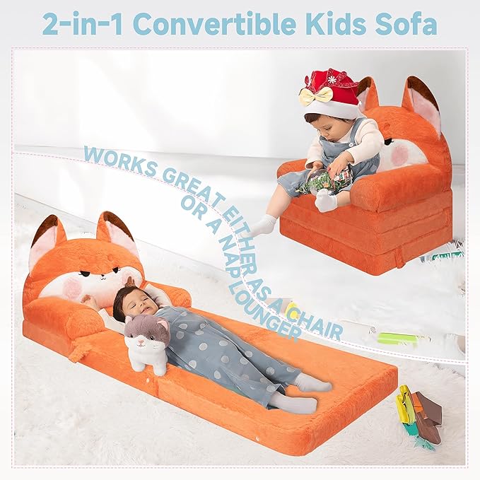 MONKISS 2-in-1 Toddler Couch Chairs Comfy, Kids Chair Couch, Mini Couch, Flip Out Sherpa Kids Sofa, Baby Couch, Chair for Toddlers 1-3, Kids Lounge Chair Reading Chair, Kids Couch Bed Fold Out, Fox