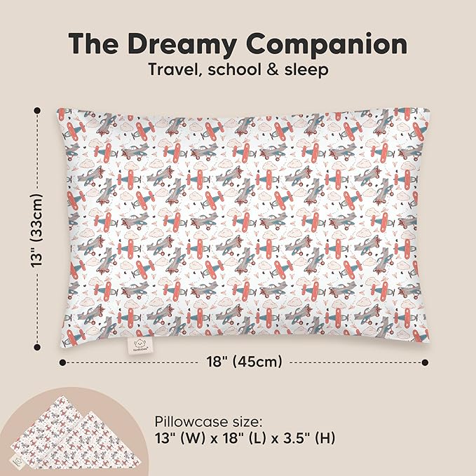 Toddler Pillow with Pillowcase - 13x18 My Little Dreamy Pillow, Organic Cotton Toddler Pillows for Sleeping, Kids Pillow, Travel Pillows, Mini Pillow, Nursery Pillow, Toddler Bed Pillow (Aircraft)