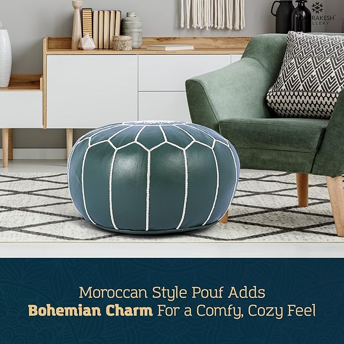 Marrakesh Gallery Genuine Leather Round Pouf Unstuffed - Moroccan Ottoman Footstool, Footrest Cover - Boho Decor - Bohemian Living Room, Bedroom, Kids Room, Gift & Wedding