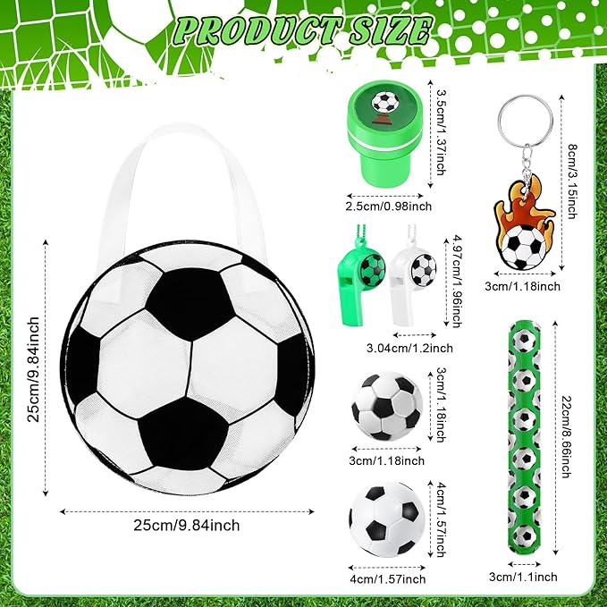 Aoriher 158 Pcs Soccer Party Favors Set Bulk Sport Non Woven Gift Bags Slap Bracelets Mini Bouncy Balls Toy Whistle Keychains Sticker Stampers for Sport Party Supplies(Soccer)