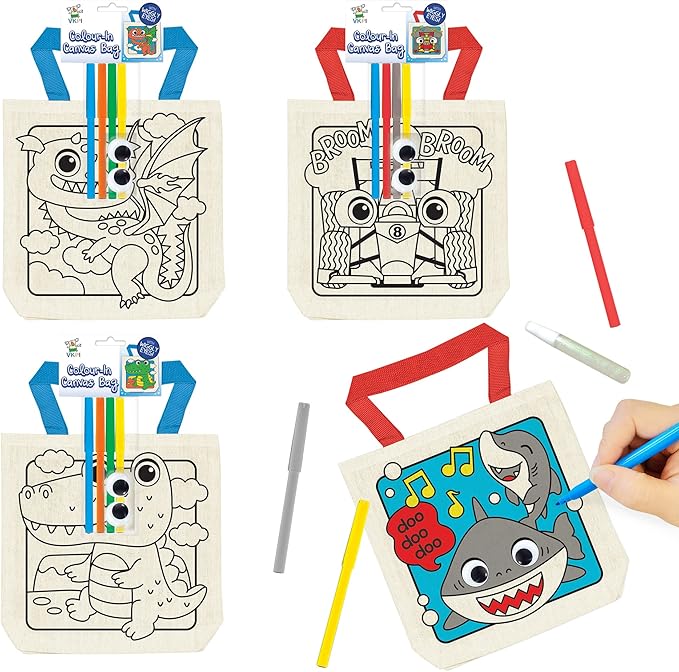 8 Pieces Kids Coloring Goodie Bags, Reusable Canvas Bag, Cute Art Party Favors, Color Your Own Bags for DIY Painting Birthday Carnival Celebration, Party Supplies Gift, Boys