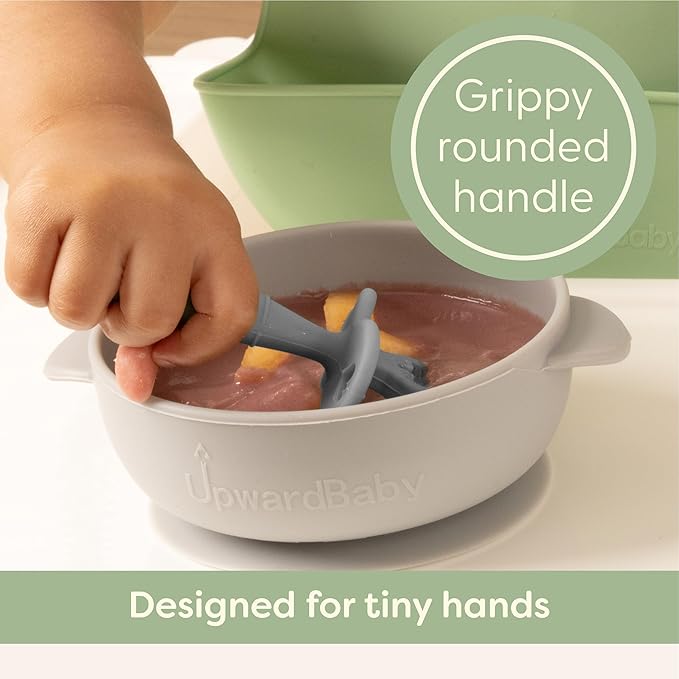 Upward Baby Spoons Self Feeding 6+ Months - 3 Pack, Chewable Toddler Utensils with Anti Choke Barrier, Baby Feeding Essentials, Baby Spoons 4 months, Silicone Baby Spoons, Red White Blue