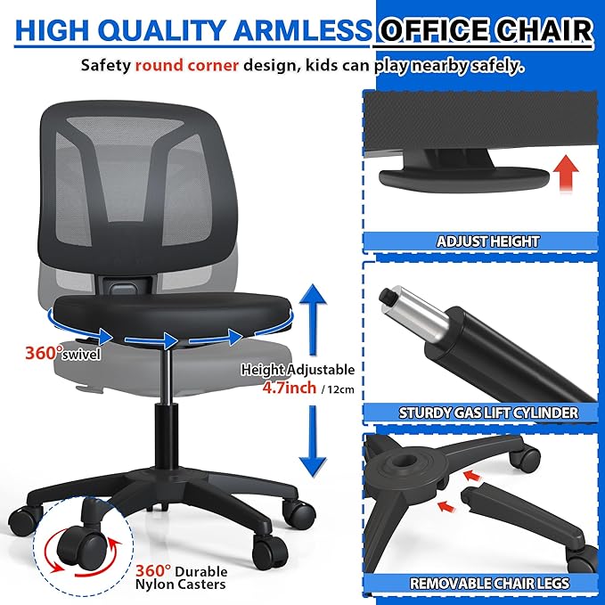 Armless Swivel Mesh Computer Office Desk Chair No Arms Height Adjustable with Lumber Support for Child and Adult