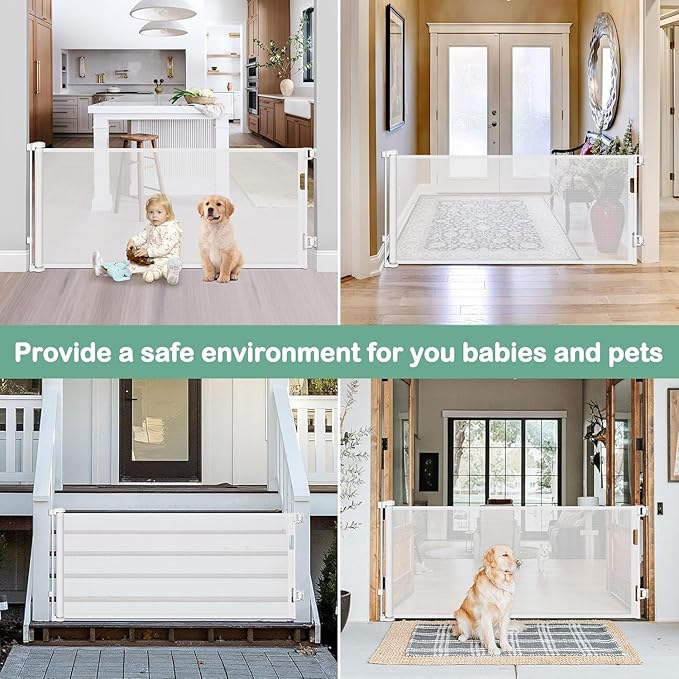 55 Inch Retractable Baby Gates for Dogs Indoor Retractable Dog Gates for The House Retractable Gate for Kids Outdoor Dog Gate for Decks Pet Gate for Stair Deck Gate Child Gate for Doorways (White)