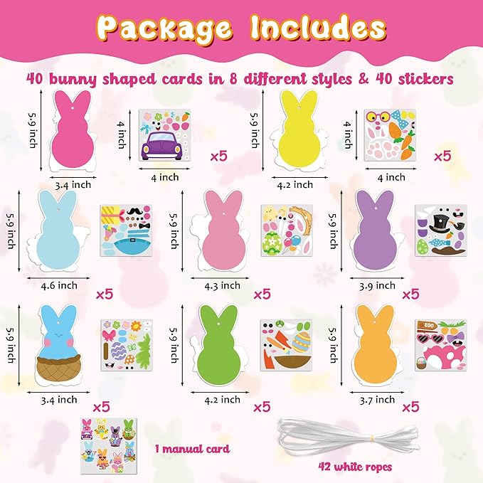 3sscha 123Pcs Easter Bunny Craft Kit for Kids - DIY Make Your Own Bunny Card Set Self-Adhesive Sticker Handmade Artwork Decoration Holiday Celebration Classroom Home Activity Gift Party Favor Supplies