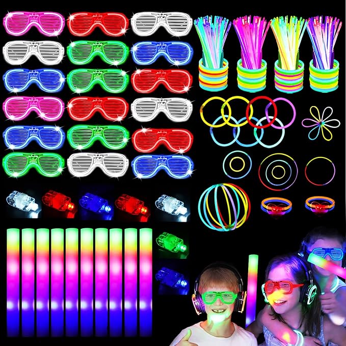 161 Pcs Glow in the Dark Party Supplies, Light Up Party Favors with 100 Glow Sticks, 16 Foam Glow Sticks, 16 Led Glasses, 16 Finger Lights for Glow Party, Wedding Christmas New Year Neon Party favors