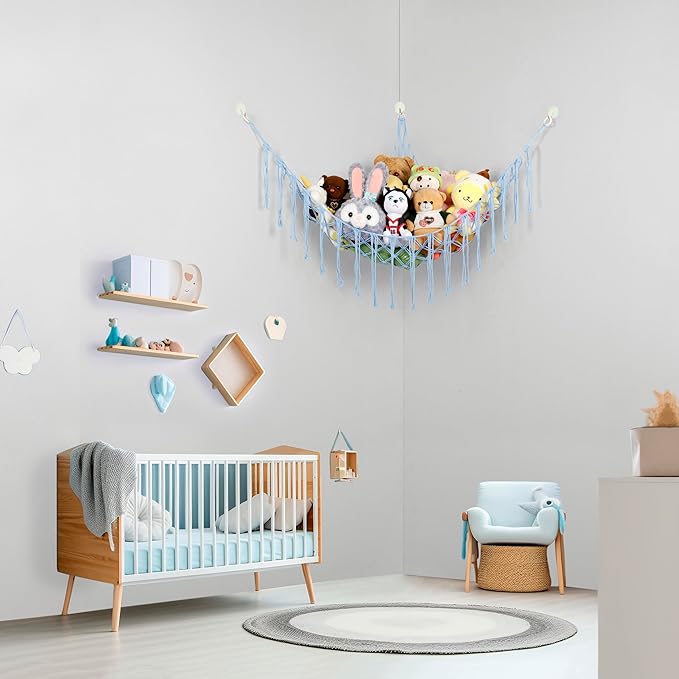 Boho Stuffed Animals Net or Hammock Large,55 inch Toy Hammock Macrame Stuff Animal Storage Corner Hanging Net Holder,Mesh Hammock Plush Toy Organizer with Hooks for Bedroom,Nursery (Baby Blue)