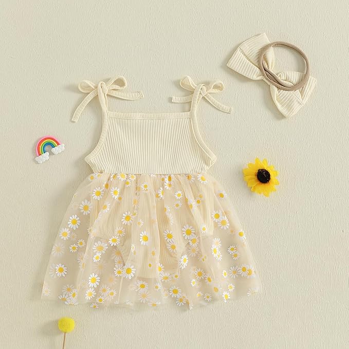 Baby Girl Clothes Daisy Ribbed Bodysuit Sleeveless Romper Dress Summer Outfit for Girls Newborn 3 6 9 12 18 Months