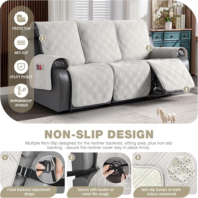 TAOCOCO 100% Waterproof Recliner Sofa Cover, Non Slip Split Couch Covers for Reclining Couches with Elastic Straps, Washable Reclining Sofa Cover Furniture Protector for Kids Pets(3 Seater, Off White)