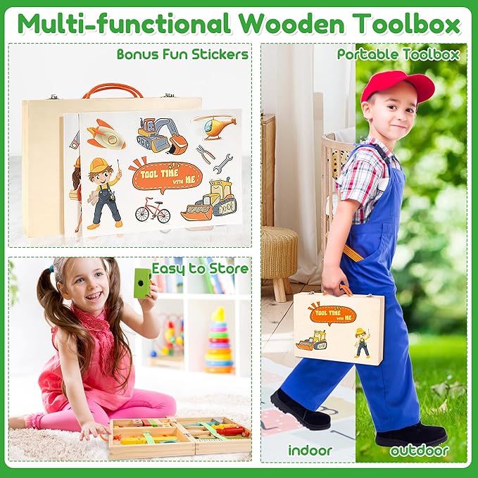 Bravmate Toddler Tool Set with Portable Tool Box & DIY Stickers, Wooden Kids Tool Sets for Boys Girls Age 2-4, STEM Montessori Educational Preschool Toys, Birthday Gifts for 3+ Years Old