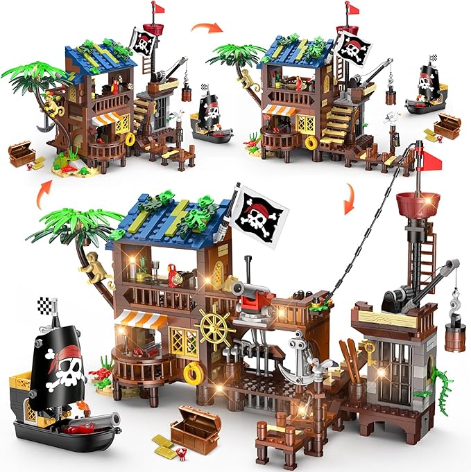 3 Style Pirate Ship Wharf Building Toy with LED Light - 781PCS Medieval Pirate's House Building Block Set, Architecture Bricks Kit for Kids Girls Boys Ages 6-12+ Birthday Gifts