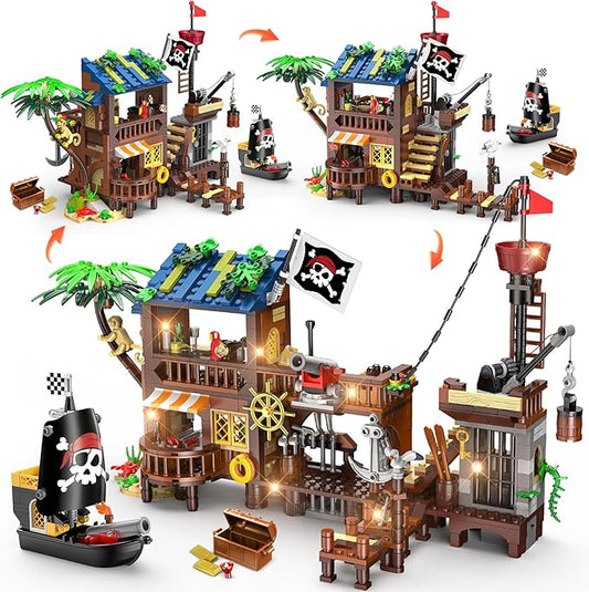 3 Style Pirate Ship Wharf Building Toy with LED Light - 781PCS Medieval Pirate's House Building Block Set, Architecture Bricks Kit for Kids Girls Boys Ages 6-12+ Birthday Gifts