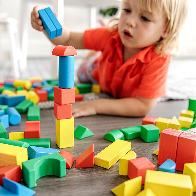 Melissa & Doug Wooden Building Block Set - 200 Blocks in 4 Colors & 9 Shapes