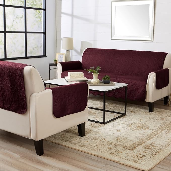 Medallion Stitched Solid Furniture Protector Stain Resistant Durable Furniture Protector Elenor Collection (Recliner, Wine/Light Grey)