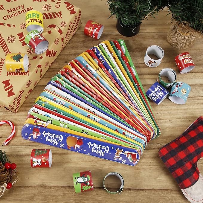 48pcs Christmas Slap Bracelets, Santa Claus Snowman Christmas Tree Reindeer Slap Wristband Christmas Stocking Stuffers for Boys Girls Xmas Birthday Party Favors Toys Goodie Bag Fillers