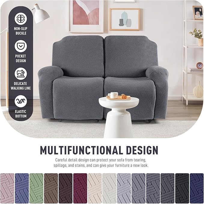 KinCam Recliner Covers, Stretch Reclining Chair Covers, Recliner Sofa Slipcovers Stripe Jacquard Recliner Couch Covers Furniture Protector Covers for Pet Kid (2XL Seater, Dark Gray)