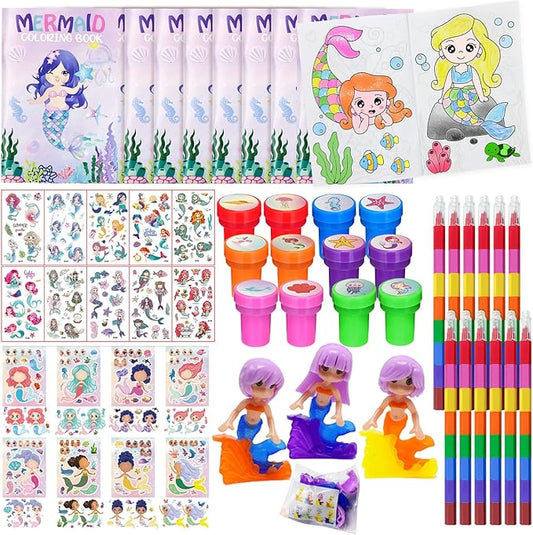 72 Pcs Mermaid Coloring Book with Crayons Party Favors Set, Under the Sea Party Pinatas Goodie Bag Fillers, Ocean Birthday Party Supplies Craft DIY Kit Face Stickers Tattoo for Underwater Party
