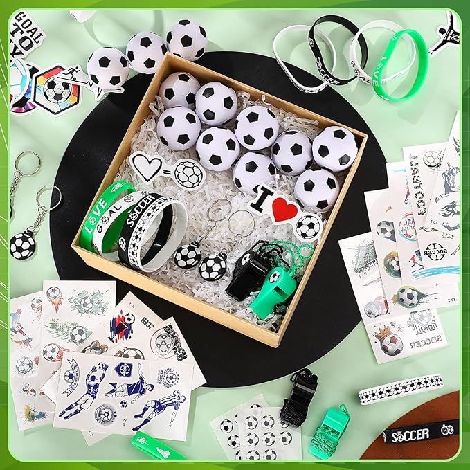 Aoriher 108 Pcs Soccer Party Favors Set Soccer Party Themed Goodie Bag Fillers Mini Soccer Balls Whistle Silicone Bracelet Tattoo Sticker Temporary Keychain for Sport Party Supplies