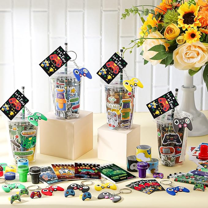 265 Pcs Video Game Party Favors Drinking Cups Notebook Pencils Sharpener Keychain Slap Bracelets Ring Stamp DIY Sticker Tattoo Sticker Tag Twist Tie for Boy Kid Birthday Gamer Reward Gift