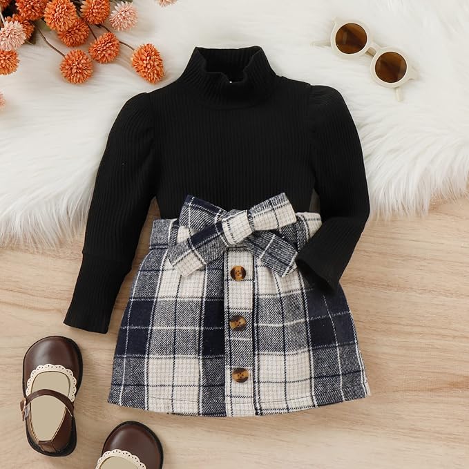 Fernvia Toddler Baby Girl Fall Winter Skirt Set Turtleneck Ribbed Long Sleeve T-Shirt Top & Plaid Skirts Dress 2Pcs Outfits