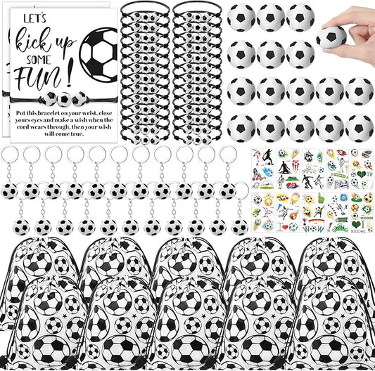 144 Pcs Soccer Party Favors Soccer Drawstring Bags with Adjustable Bracelets Stress Balls Soccer Keychains Stickers and Wish Cards for Birthday Gifts Kids Soccer Themed Party Supplies