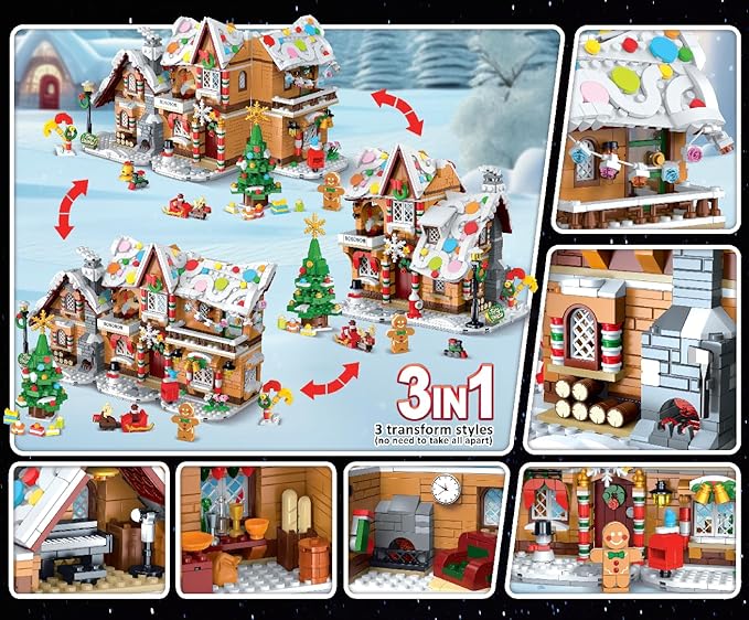 3 Style Christmas Gingerbread House Building Set with LED Light - 2024 Snowscape Village House Building Block Toy with Santa Claus Xmas Tree Train Gifts for Adults Kids Girls Boys Ages 8+ (1397 PCS)