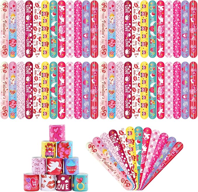48 Pieces Valentine's Day Slap Bracelets Bulk Party Favors for Kids - 12 Designs Love and Hearts Snap Bands, Classroom Exchanges, Goodie Bag Fillers Stuffers, Wrist Decorations Gifts Prizes Supplies