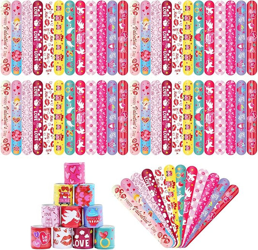 48 Pieces Valentine's Day Slap Bracelets Bulk Party Favors for Kids - 12 Designs Love and Hearts Snap Bands, Classroom Exchanges, Goodie Bag Fillers Stuffers, Wrist Decorations Gifts Prizes Supplies