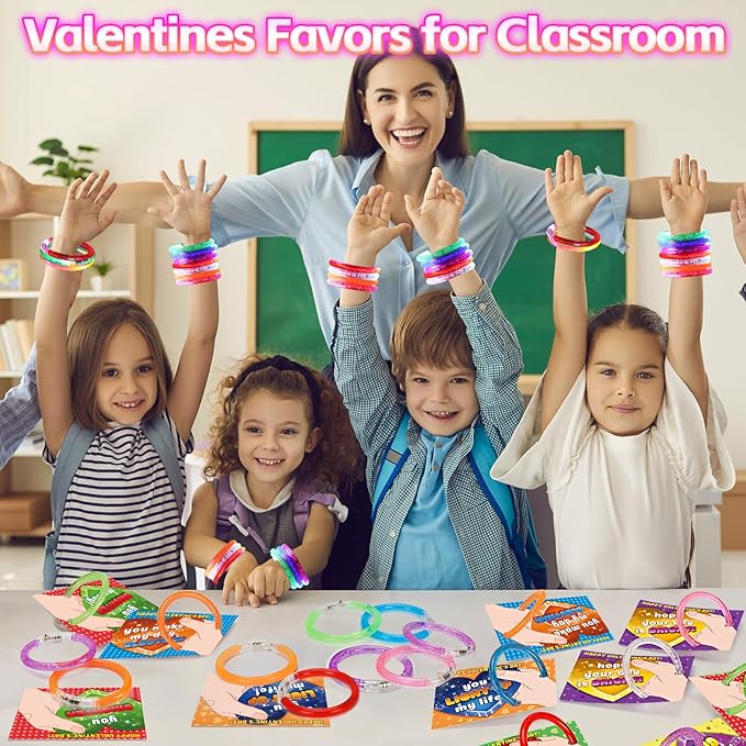 28 Pack Valentines Cards for Kids School, Glow Bracelets with Valentines Cards, Valentines Gifts for Kids Classroom, Glow in The Dark LED Bracelet Toys Party Favors, Kids Valentines Exchange Gifts