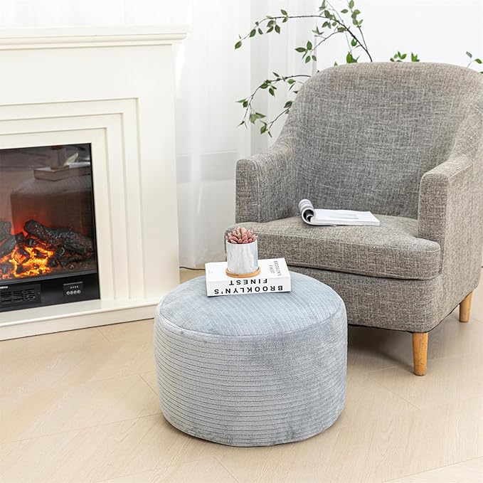 Pouf Ottoman Stuffed 20x20x12 Inches Floor Pouf Plush Fiber Ottoman Foot Rest Under Desk Foot Stool for Living Room Bedroom (Gray Stripe Pouf with Filler)