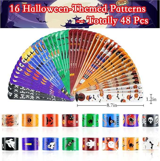48Pcs Halloween Party Favors Slap Bracelets Trick or Treat Favors for Kids and Classes Treats for Children Halloween Bracelets Halloween Goodie Bag Fillers Halloween Toys for Kids