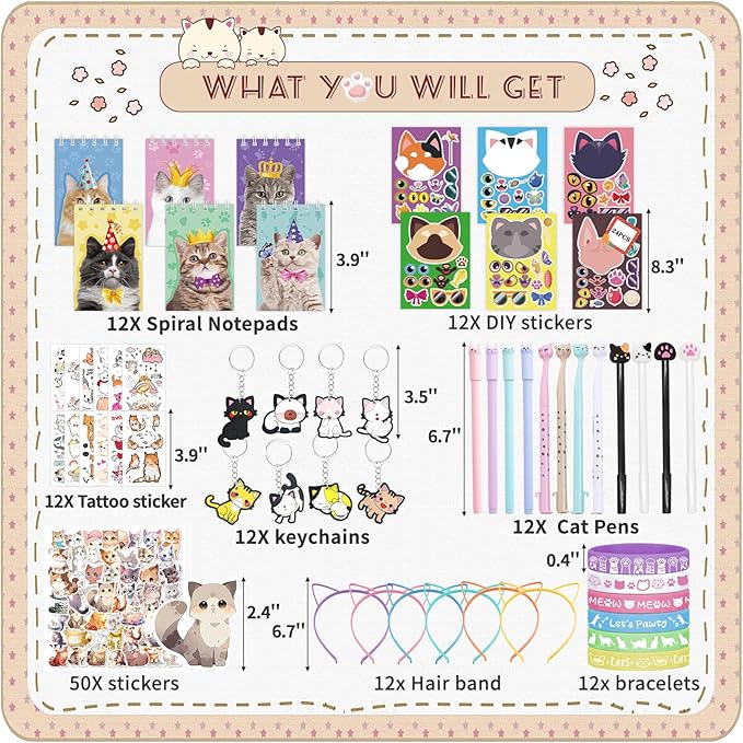 134Pcs Cat Party Favors Set for Kids Cat Themed Birthday Party Supplies With Cat Headband Spiral Notepads Pens Keychains Tattoo Cat DIY Face Stickers Silicone Bracelets Cat Favors for Girls Kids Party