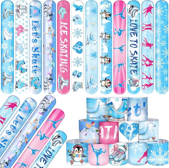 48 PCS Ice Skating Skate Slap Bracelets Party Favors, Ice Skating Wristbands Bracelets Goodie Bag Fillers for Winter Ice Skating Birthday Party Decorations Supplies for Kids Boys Girls