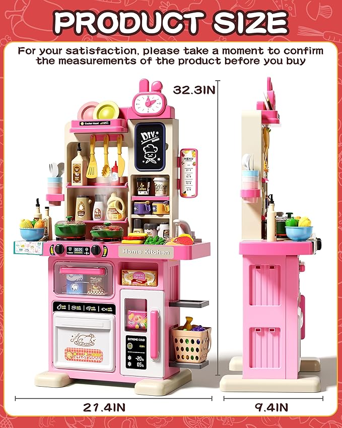 33.8IN Kids Kitchen Playset, 70PCS Kid Play Kitchen with Realistic Lights & Sounds, Spray Sink Toy Kitchen Accessories, Pretend Food Toys Kitchen for Boys Girls Toddlers(Pink)