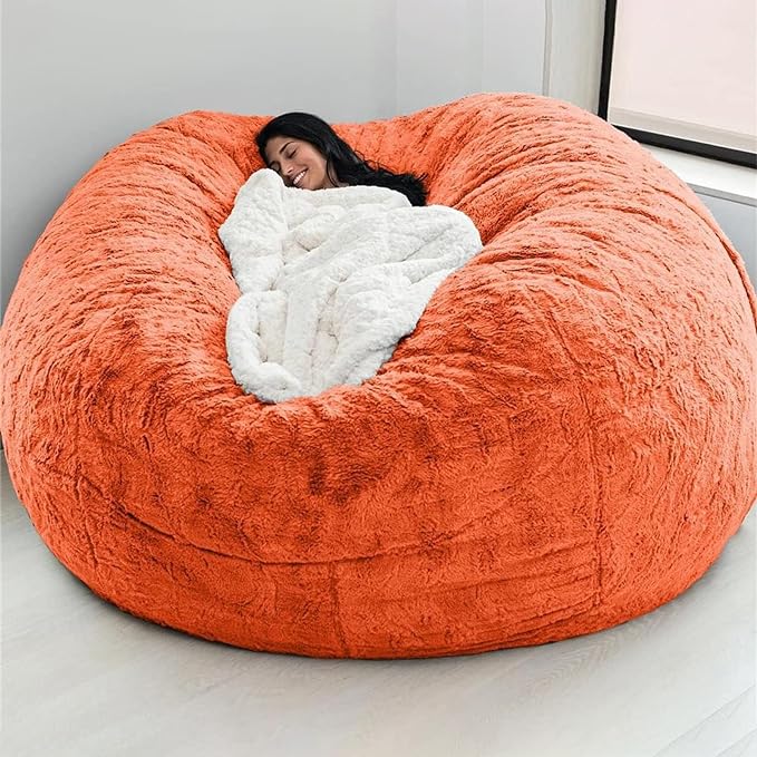 Giant Fur Bean Bag Chair Cover for Kids Adults, (No Filler) Living Room Furniture Big Round Soft Fluffy Faux Fur Beanbag Lazy Sofa Bed Cover (Orange, 5FT)