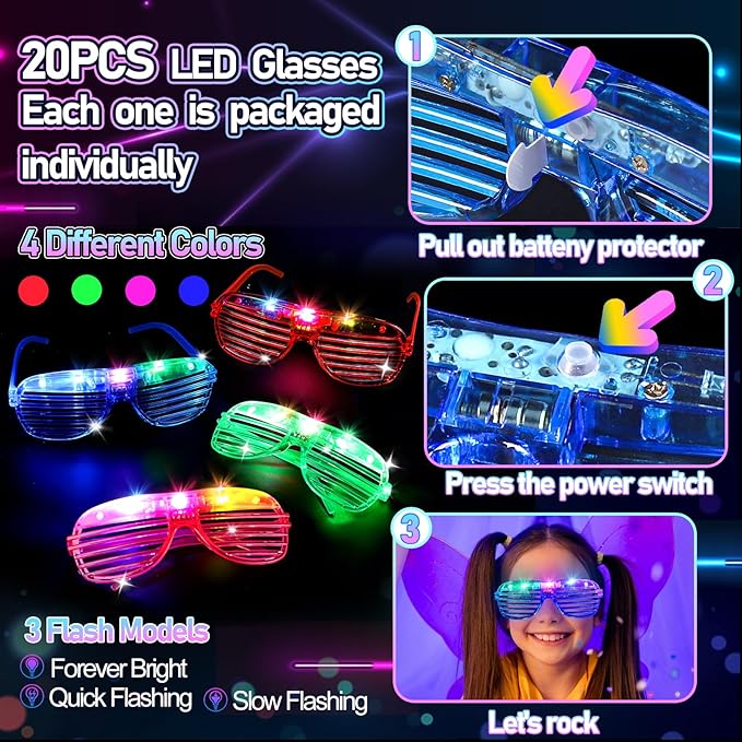 298PCS Glow in the Dark Party Supplies, 12PCS Glow Fiber Optic Wands, 20PCS LED Glasses, 8PCS Foam Glow Sticks and 200PCS Glow Sticks Bracelets, Light Up Party Favors for Wedding, Concert, Birthday