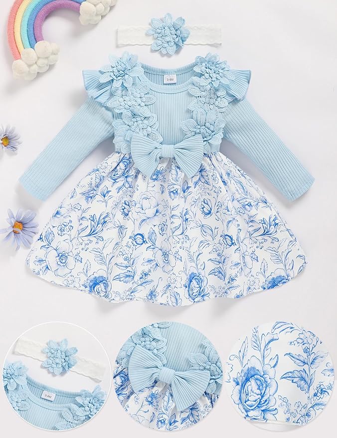 Baby Girl Dress Fall Flower Ruffle with Lace Headband Toddler Girls 3M-3T Infant Dresses Winter Baby Girl Clothes