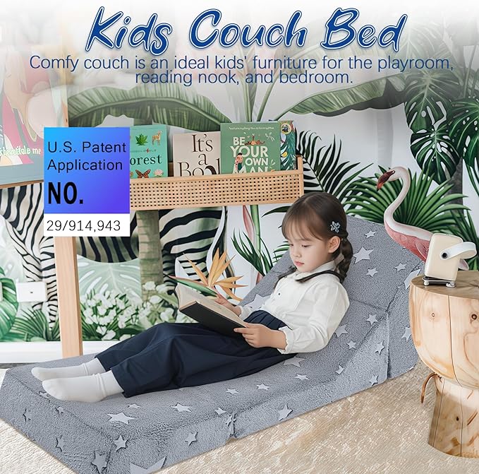 MeMoreCool Toddler Couch Fold Out Sofa Bed, Kids Lounge Chair Foldable Floor Lounger, 3-in-1 Folding Children Chair Bed, Pull Out Recliner for Toddlers 1-6, Star